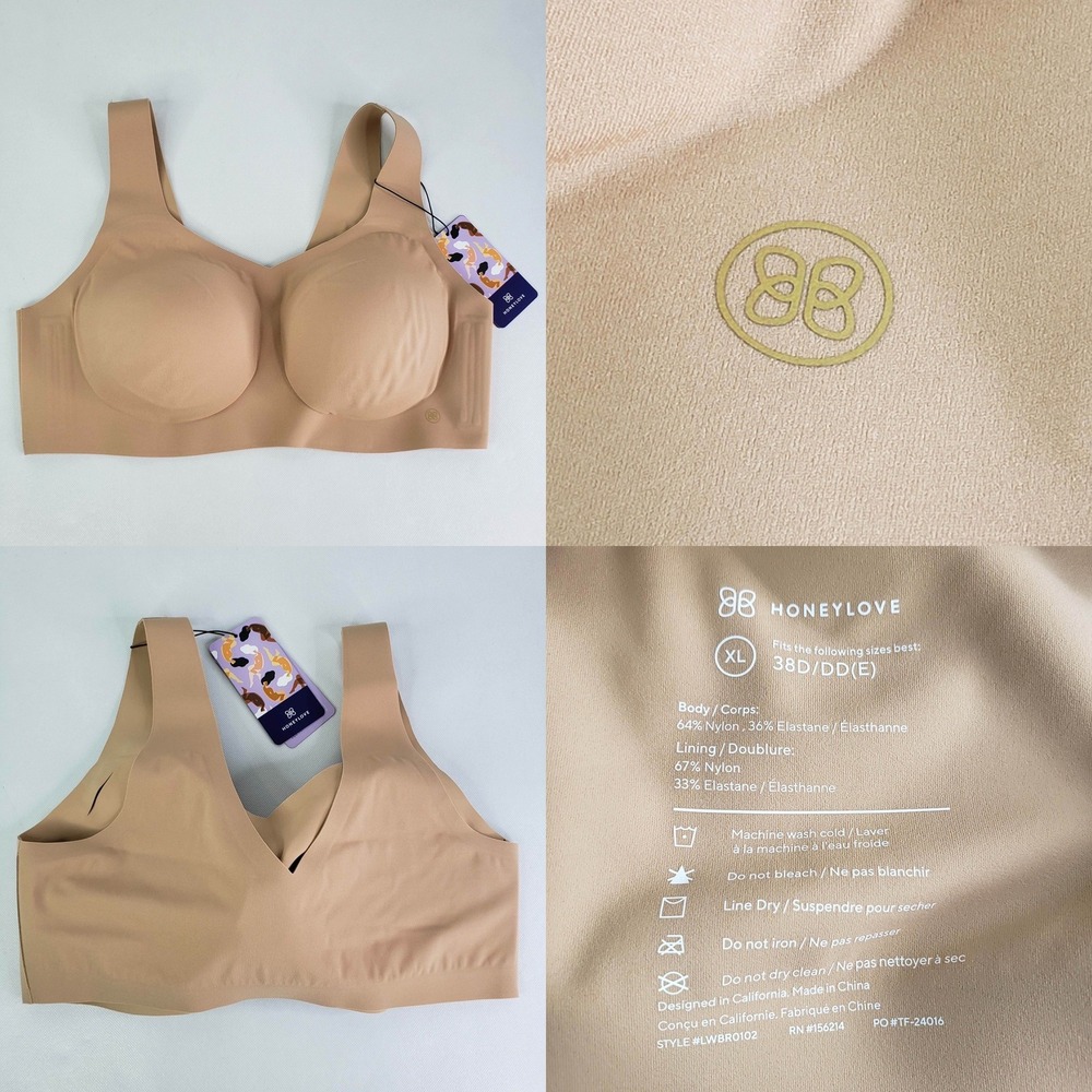 Honeylove Crossover Bra Women XL 38D/DD Beige Wireless Seamless Support LWBR0102